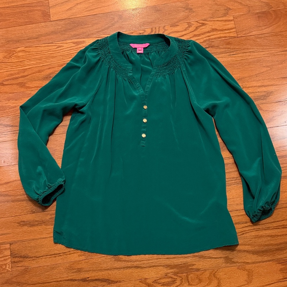 Lilly Pulitzer Elsa Emerald Blouse with Gold Buttons